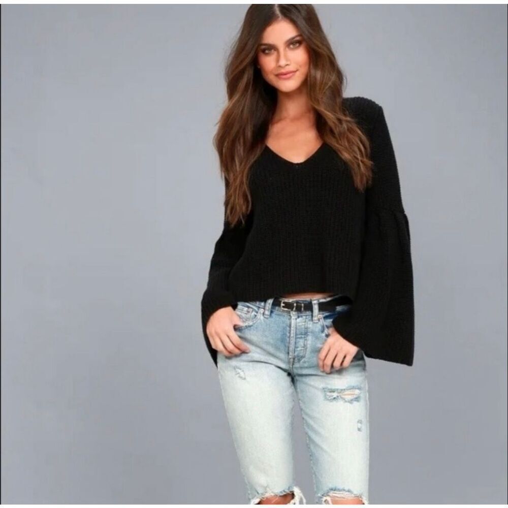 Free People Black V-Neck Balloon Sleeve Sweater